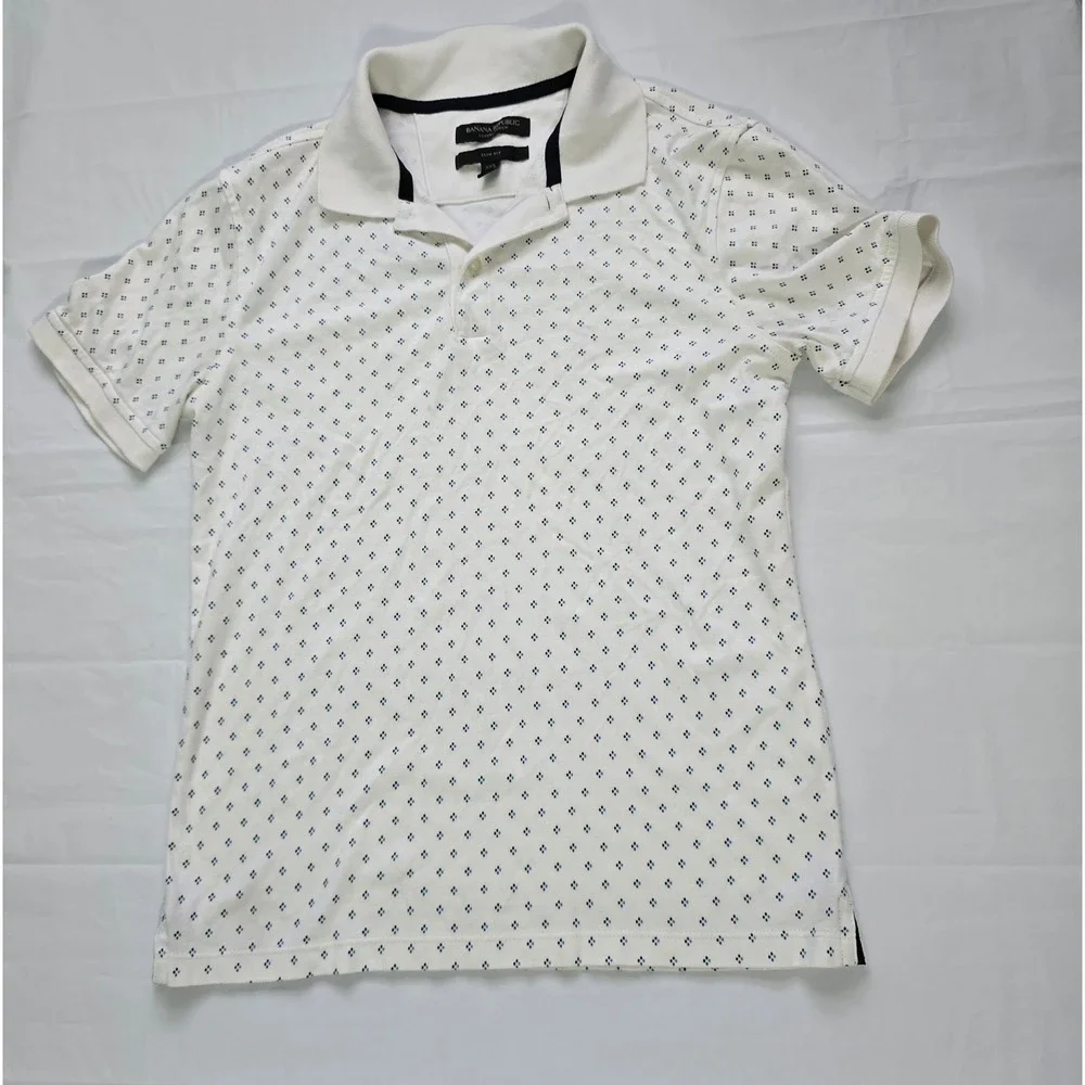 Banana Republic Luxury Touch Polo Shirt XXS Slim Fit White Blue Diamond Print